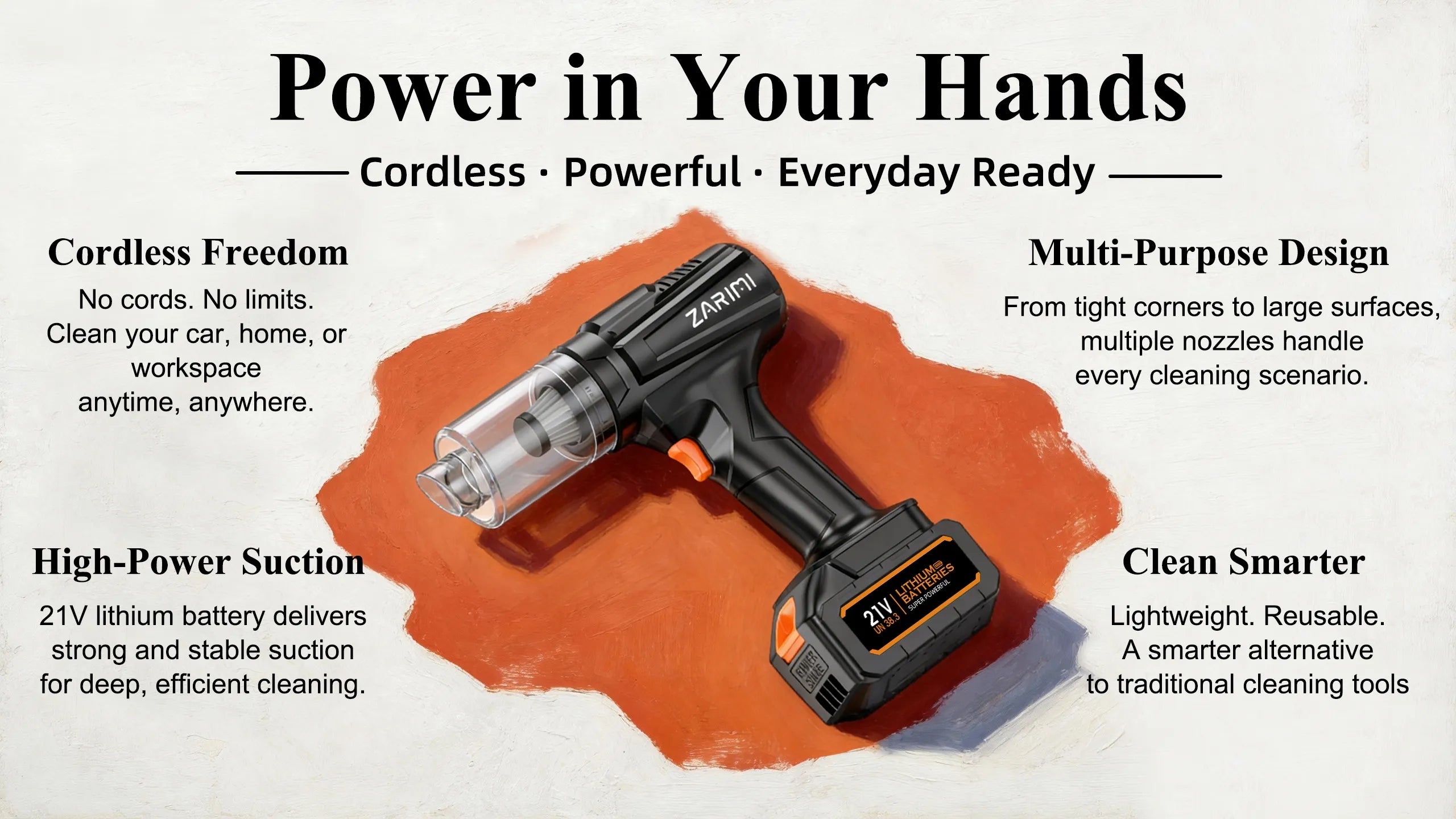 Cordless handheld vacuum cleaner with 21V lithium battery delivering strong suction for car and home cleaning.