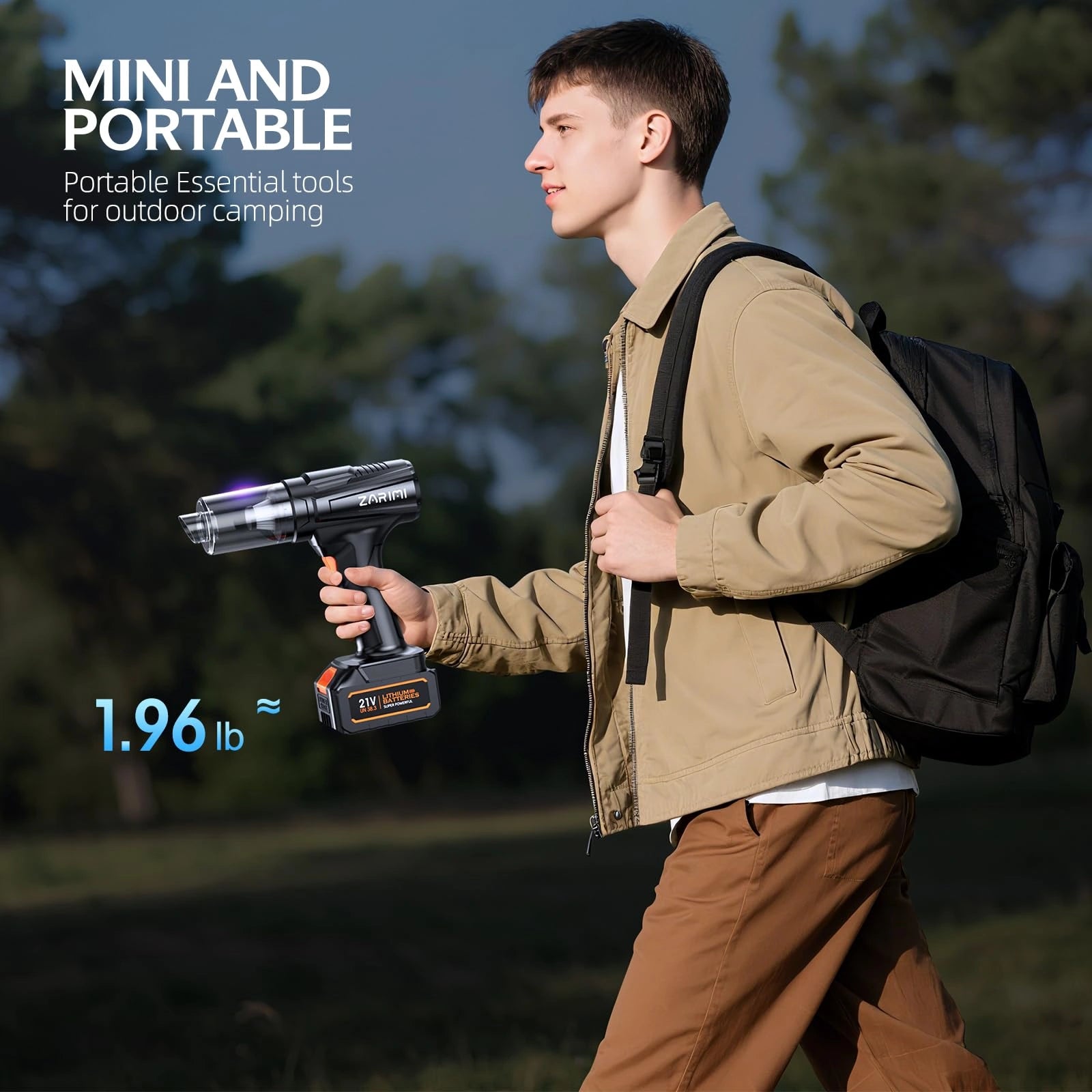 Young man carrying ZARIMI 21V portable air duster outdoors