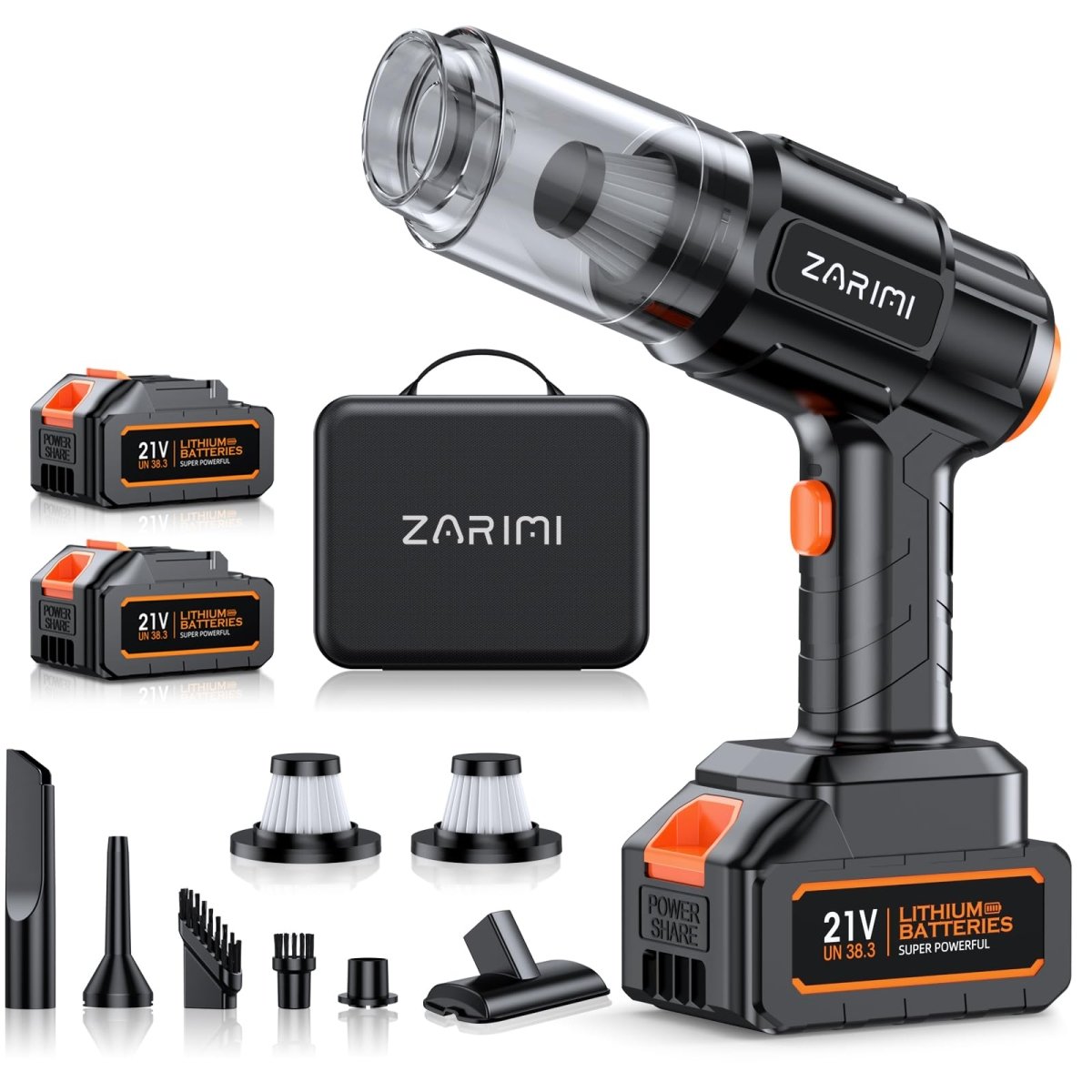 Zarimi 21V powerful cordless handheld vacuum and blower kit with dual batteries and full accessories.