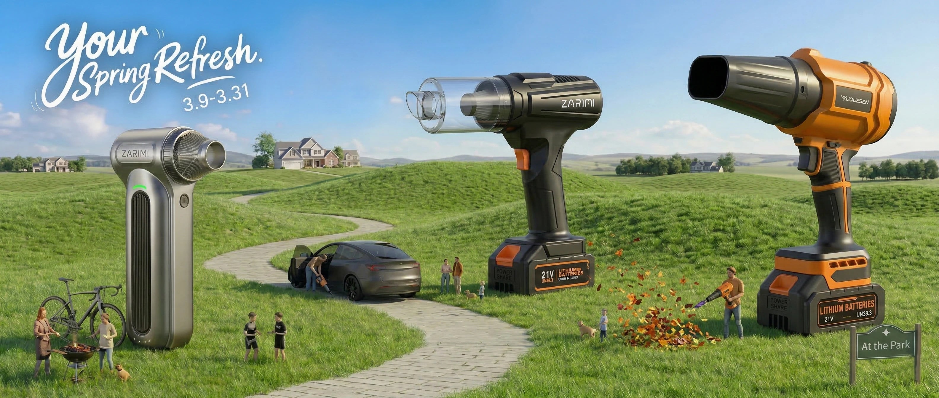 Cordless portable vacuums and a battery powered leaf blower used for outdoor spring cleaning and car detailing.