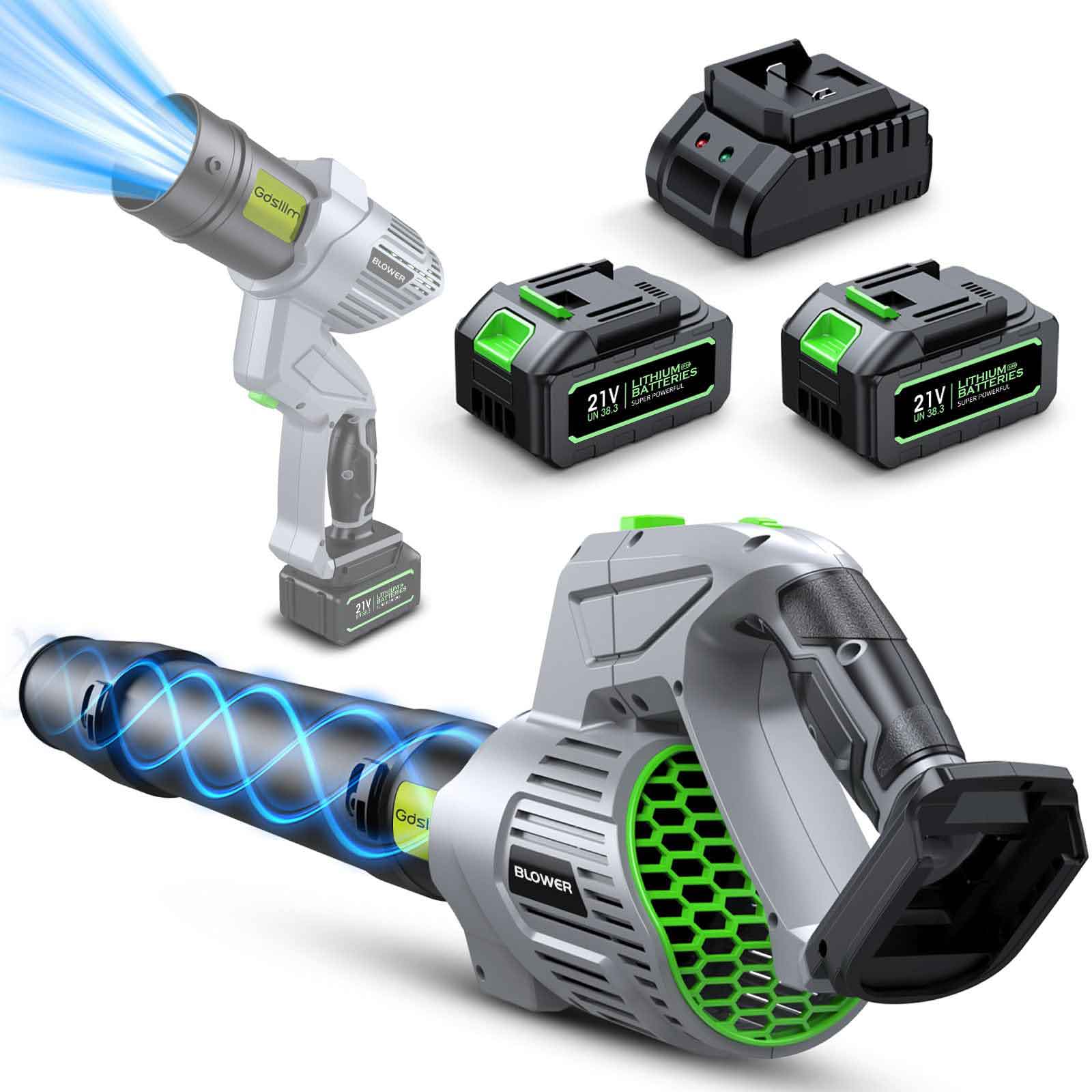 Electric Leaf Blower Cordless - 500000 RPM, 2 Batteries, 5-Speed Adjustable, Lightweight Air Blower for Gardens, Snow, Dust, Cars and Yard Cleaning, Grass Green