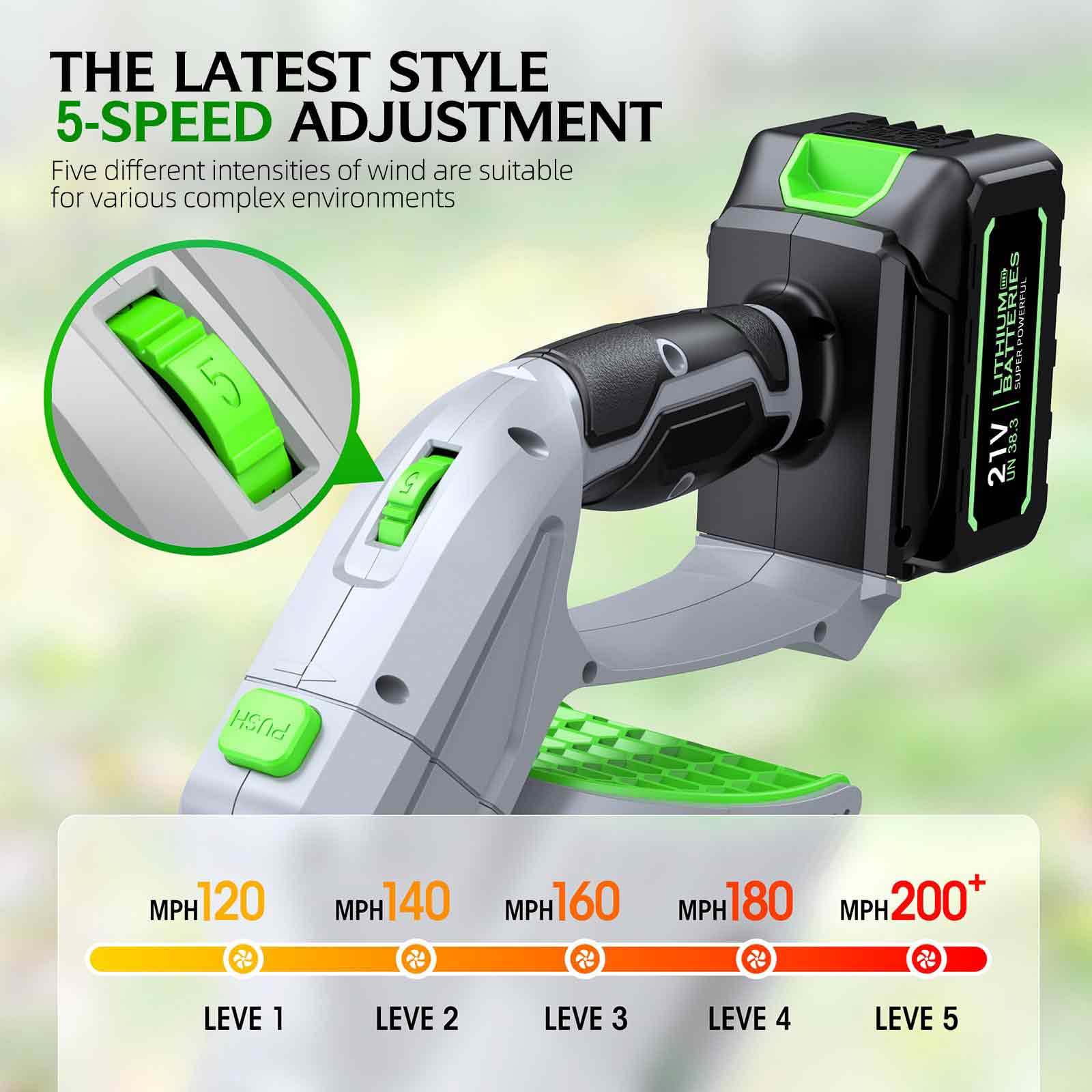 Electric Leaf Blower Cordless - 500000 RPM, 2 Batteries, 5-Speed Adjustable, Lightweight Air Blower for Gardens, Snow, Dust, Cars and Yard Cleaning, Grass Green