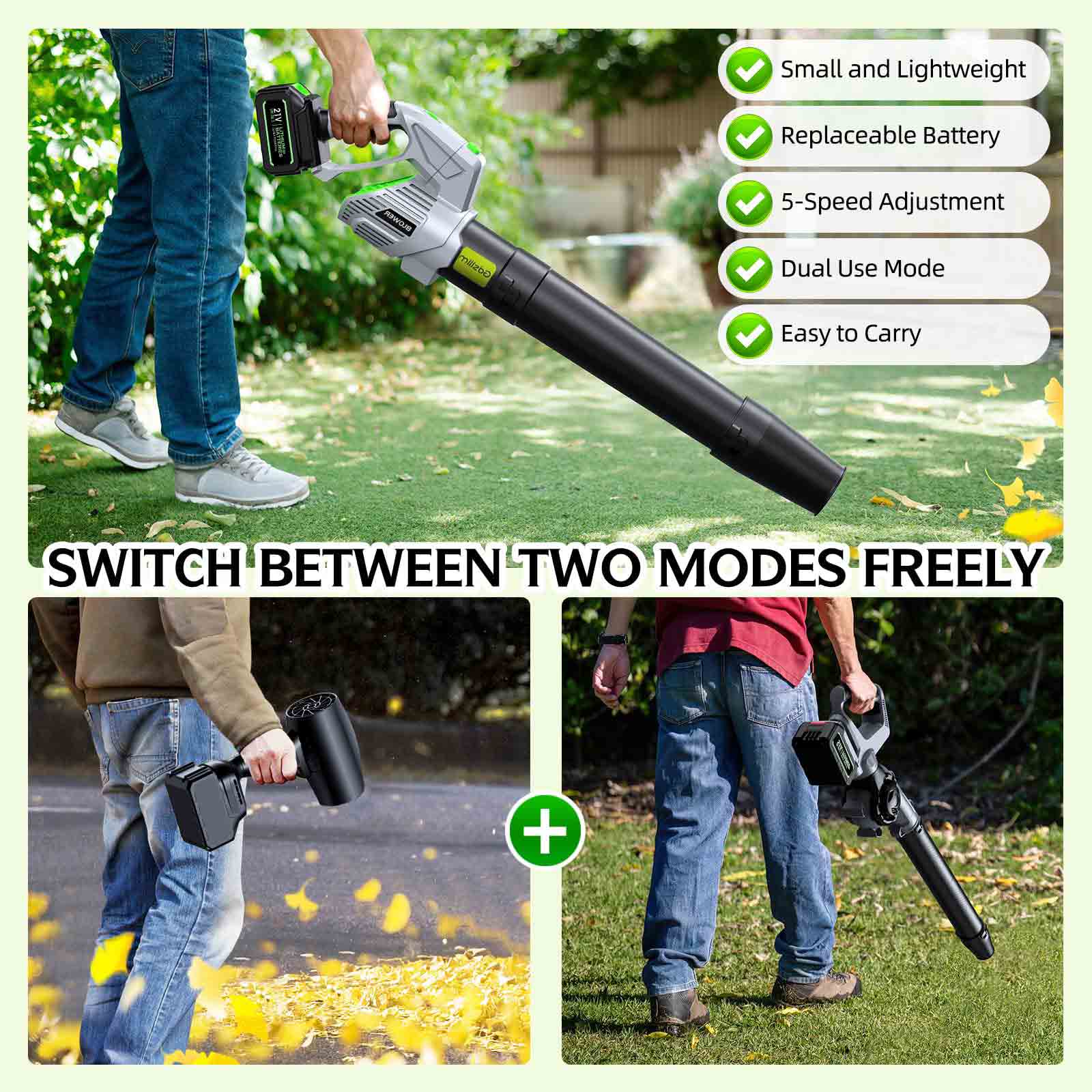 Electric Leaf Blower Cordless - 500000 RPM, 2 Batteries, 5-Speed Adjustable, Lightweight Air Blower for Gardens, Snow, Dust, Cars and Yard Cleaning, Grass Green
