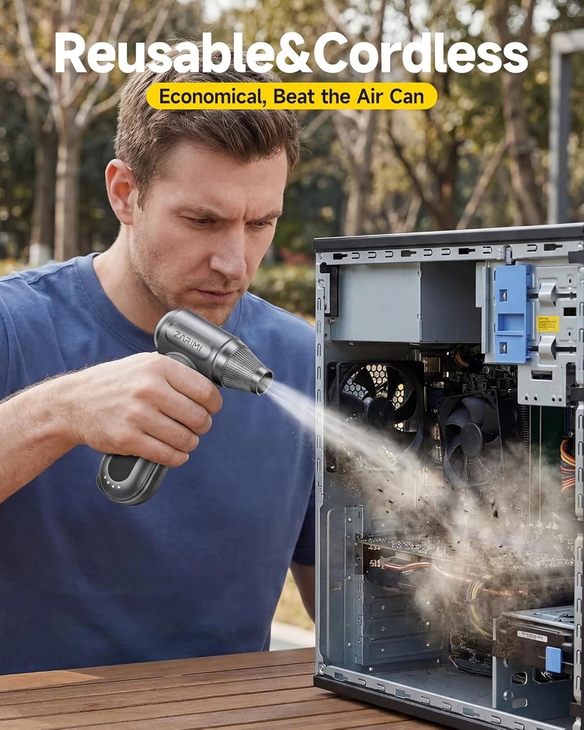 Cordless ZARIMI air duster in action - 170,000 RPM cleaning PC dust, reusable & eco-friendly